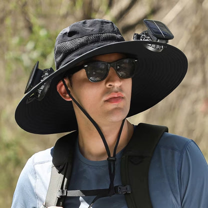 Wide Brim Solar Fan Outdoor Fishing Hat,Men Sun Hat with Solar Fan Fishing Hats,Solar Fan Hat Upf50+ Fan Hat